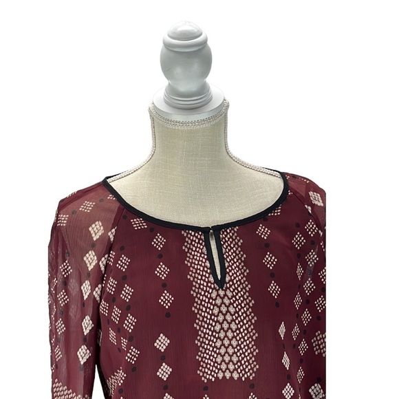 Adrianna Papell Popover Top M Boho Maroon Print Balloon Keyhole Cinch Waist - Picture 3 of 9
